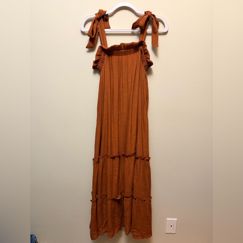 Rust Ruffle Tiered Boho Maxi Dress Tie Straps - Picture 2 of 8